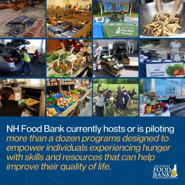 Collage of program photos with the caption "NH Food Bank currently hosts or is piloting more than a dozen programs designed to empower individuals experiencing hunger with skills and resources that can help improve their quality of life.