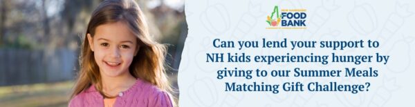 Young boy standing outside looking at the camera with the caption: Can you lend your support to NH Kids experiencing hunger by giving to our Summer Meals Matching Gift Challenge? 